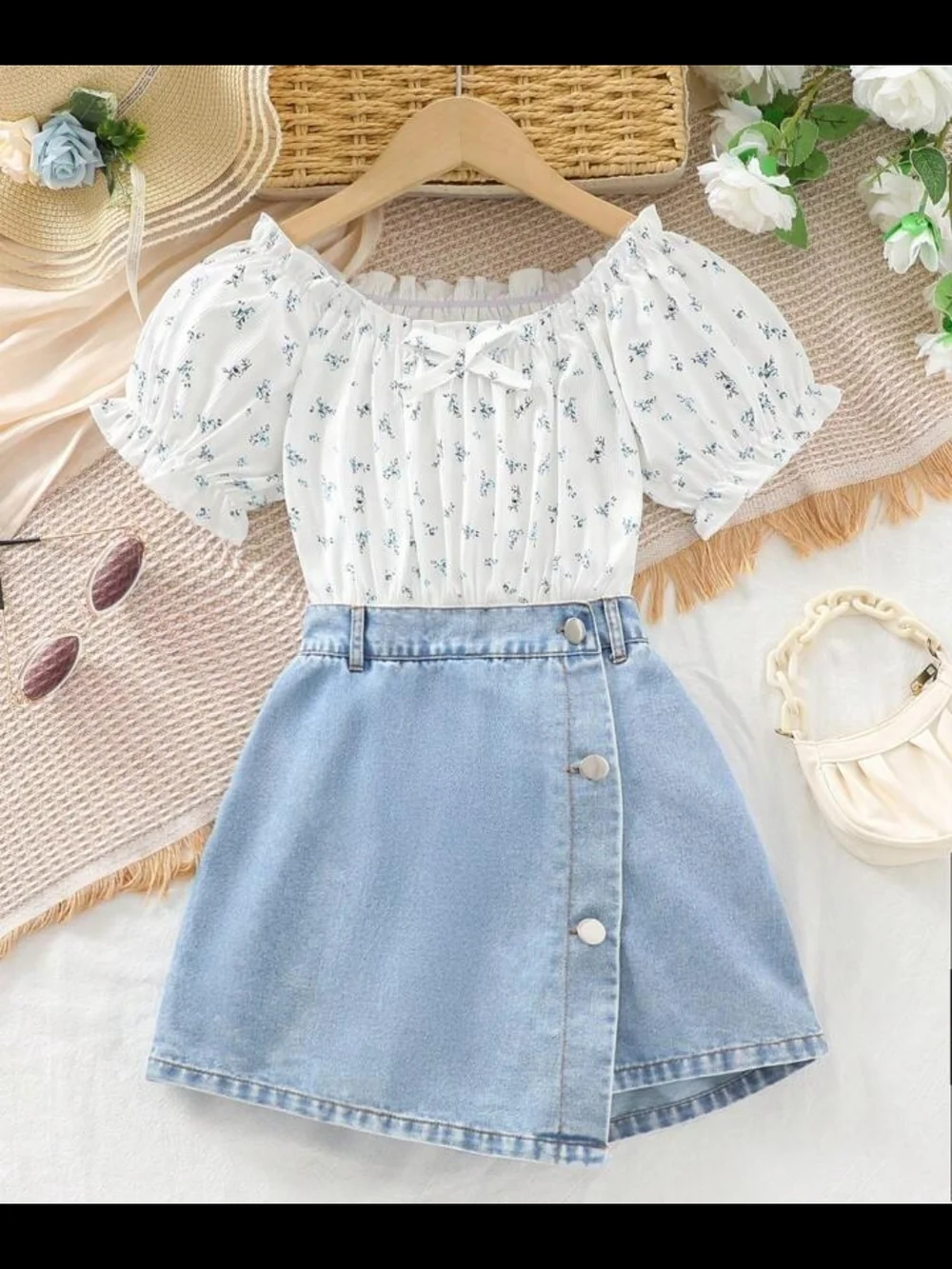 White Floral Puff-Sleeve Top & Light Blue Denim Skirt Kids Matching Set